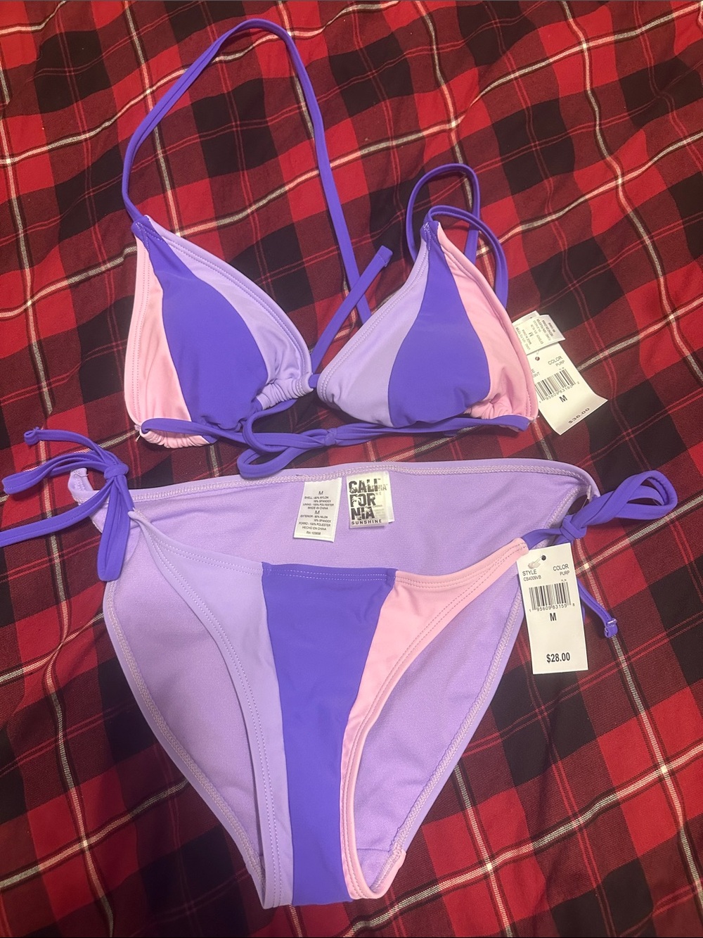 CALIFORNIA SUNSHINE Colorblock Triangle Bikini - Lavender, Purple & Pink